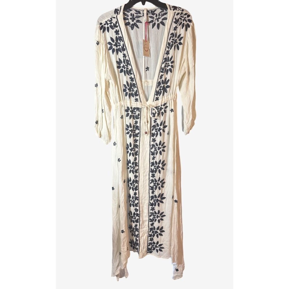 Raga Womens Embroidered Maxi Dress Sm White & Navy Boho Crinkle Fabric Anthro - Picture 5 of 7